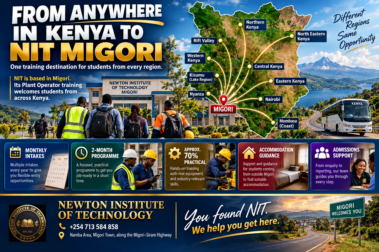 From anywhere in Kenya to Newton Institute of Technology Migori for Plant Operator training