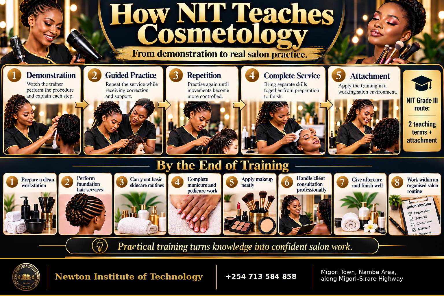 Cosmetology course syllabus in Kenya showing nine practical training areas at Newton Institute of Technology