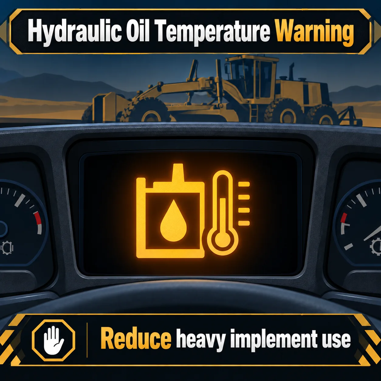 Illustrated motor grader hydraulic oil temperature warning example