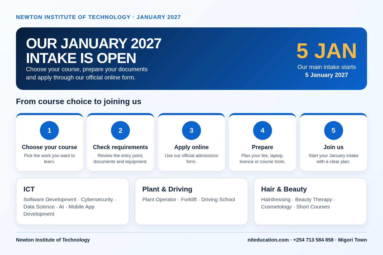 Our January 2027 course routes across ICT, plant operation, driving, hair and beauty