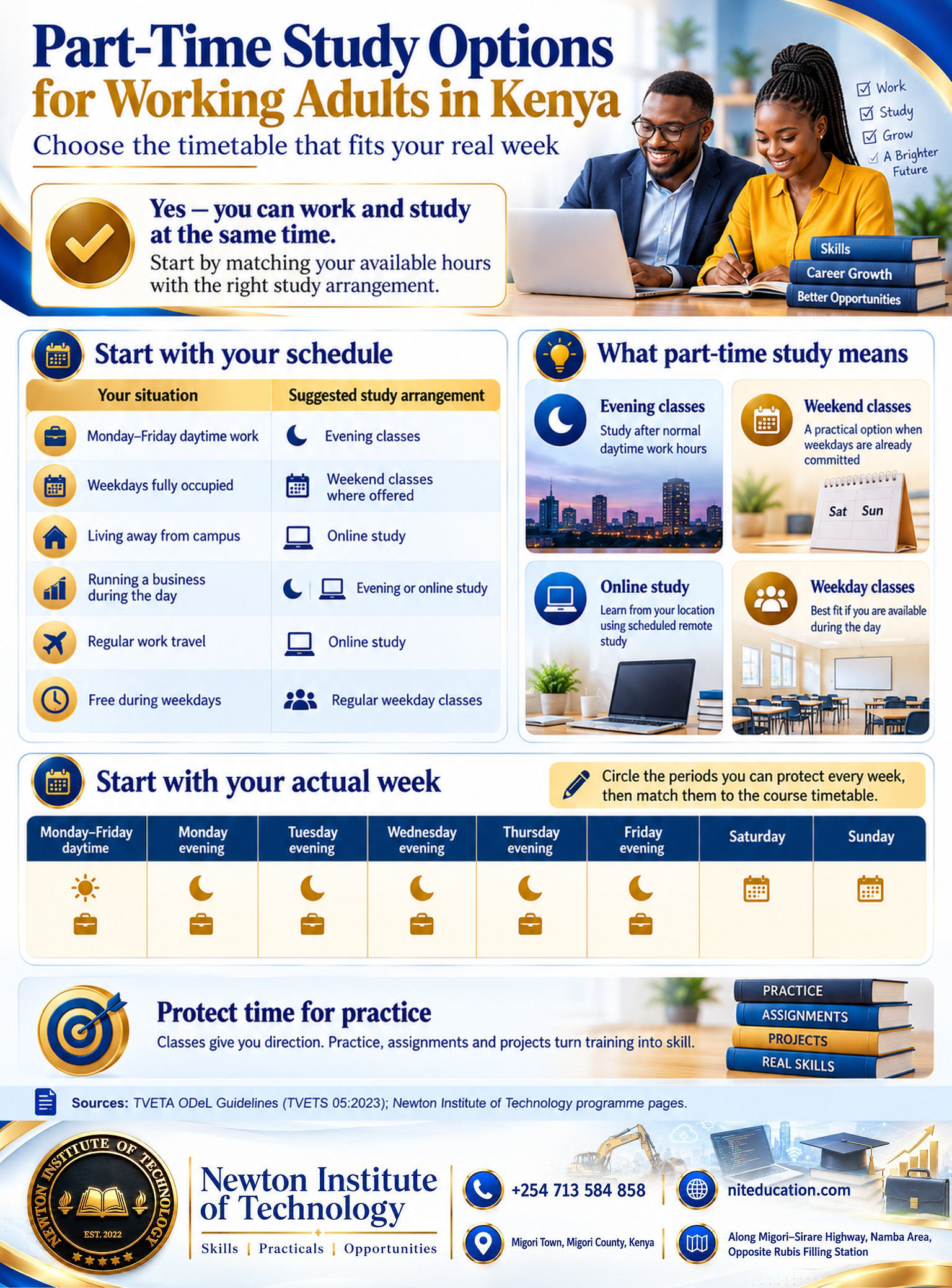 Part-time study options for working adults in Kenya, showing evening, weekend, online and weekday study choices and a weekly planning guide.