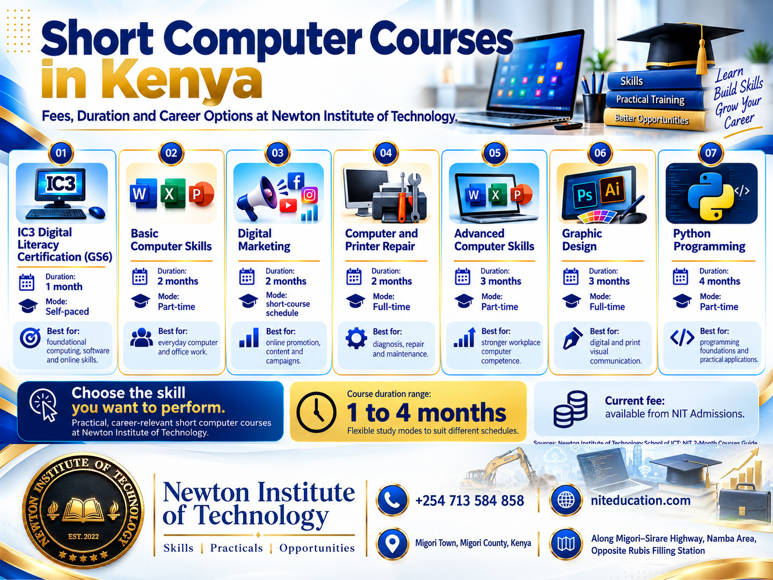 Short computer courses at Newton Institute of Technology compared by duration, study mode and practical skill