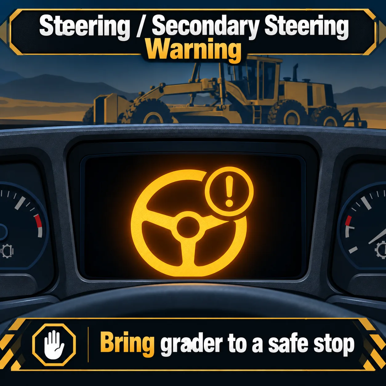 Illustrated motor grader steering and secondary steering warning example