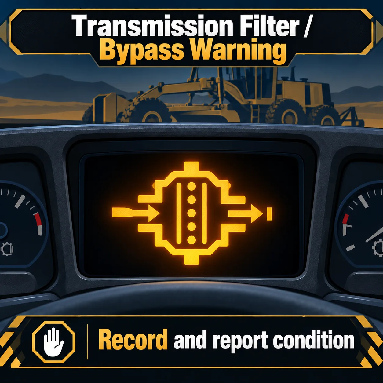 Illustrated motor grader transmission filter bypass warning example