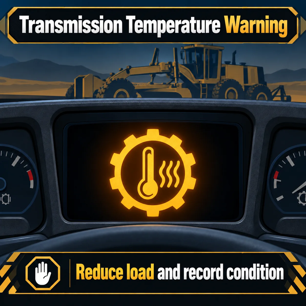Illustrated motor grader transmission temperature warning example